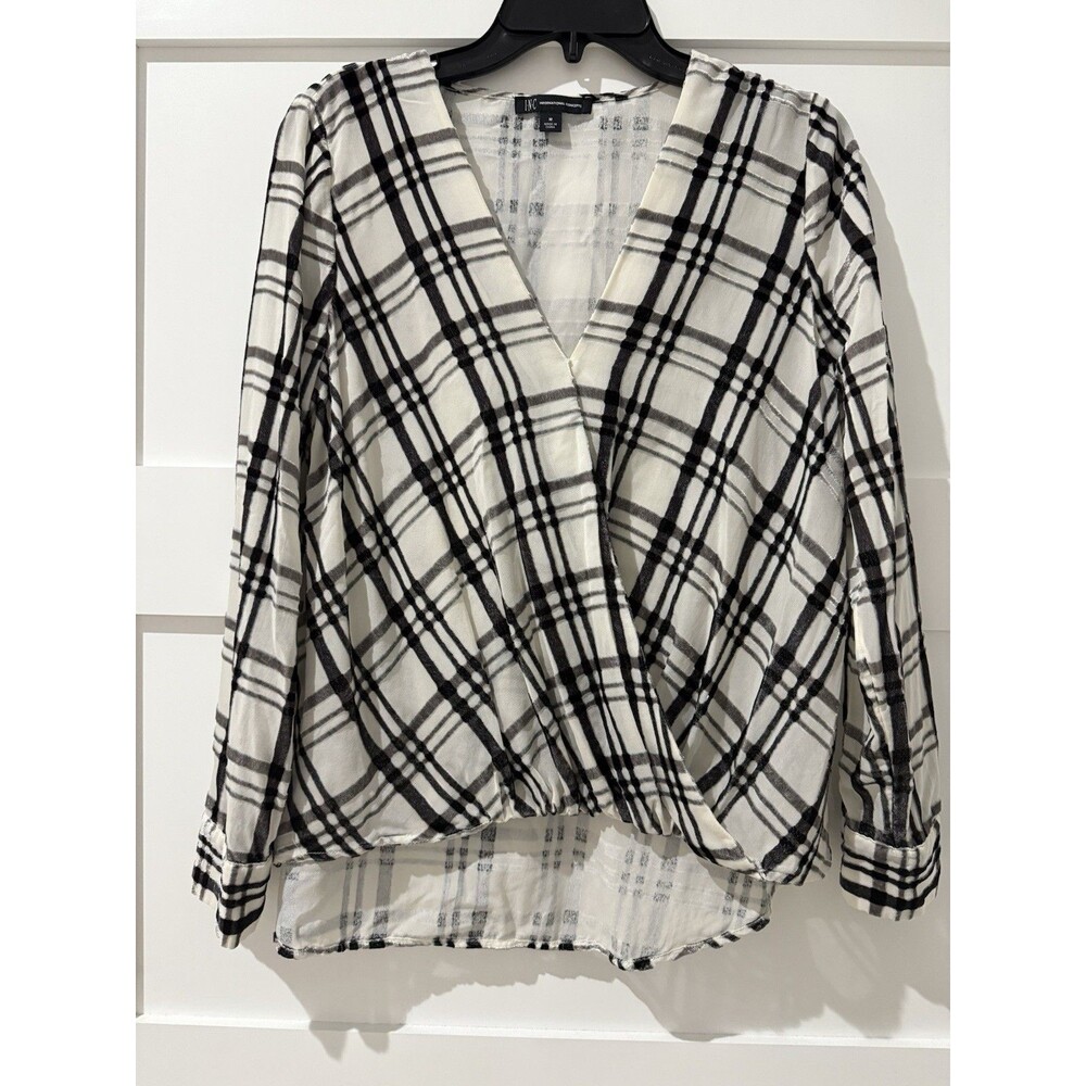 INC Womens White V Neck Burnout Window Pane Print Blouse size medium